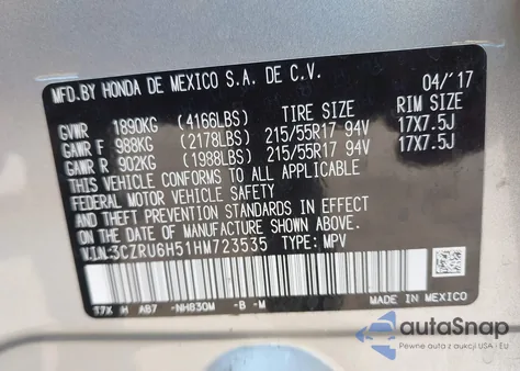 2017 Honda Hr-V Ex from USA, damaged, VIN 3CZRU6H51HM723535